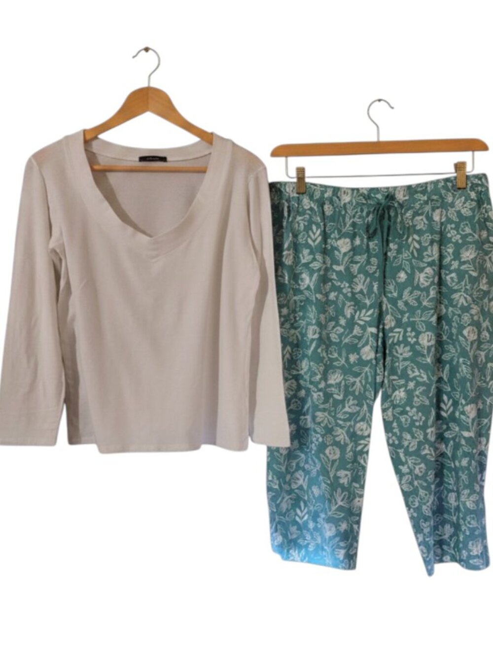 Ambiance White V-Neck Long Sleeve Top with Teal Floral Pajama Pants Loungewear
